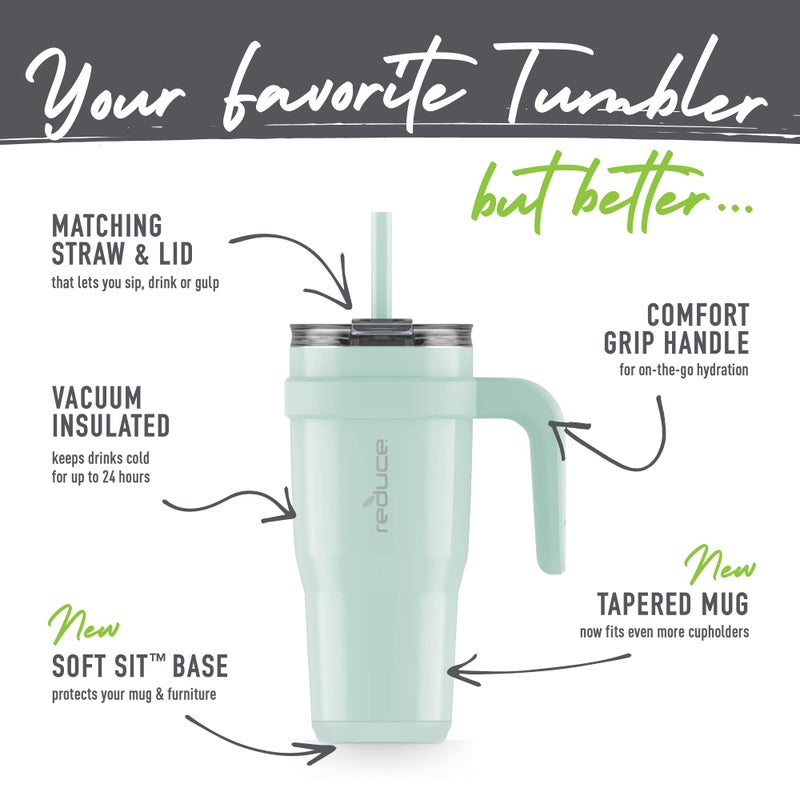 REDUCE 24 oz Stainless Steel Tumbler with Handle - Dual-Wall Vacuum Insulated Travel Mug  Sweat-Proof Lid & Reusable Straw - Keeps Drinks Cold for 24 Hrs  Fits Cupholders  Dishwasher Safe - Sea Glass - Image 3