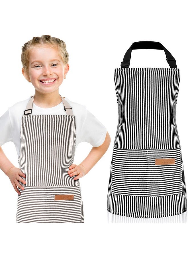 Jiuguva 2 Pcs Kids Apron Adjustable Chef Apron Cotton Toddler Cooking Stripe Apron With 2 Pockets For Children Baking(Black, Brown)  - Image 1