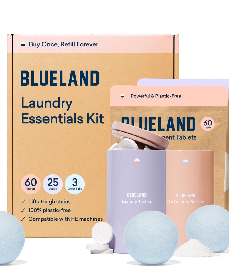 BLUELAND Laundry Essentials Kit  Plastic-Free Laundry Detergent Tablets  Oxi Booster  and Reuseable Natural Wool Dryer Balls  Fragrance Free and Clear - Image 1