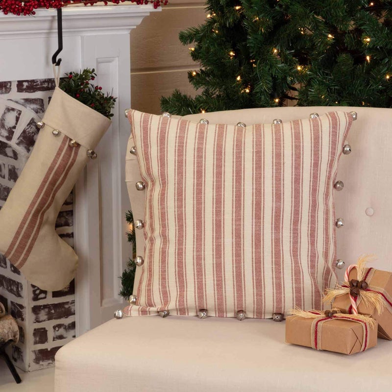 Piper Classics Sleigh Bells Ring Ticking Stripe Throw Pillow Cover  20"" x 20""  Farmhouse Christmas Red & Cream w/Bells  Christmas  Country Holiday D?cor  - Image 1