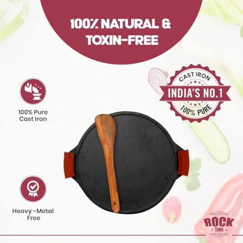 Rock Tawa Dosa Tawa 12 Inch Pre-Seasoned Cast Iron with Free Wooden Spatula and Silicon Grip Cover - Image 4