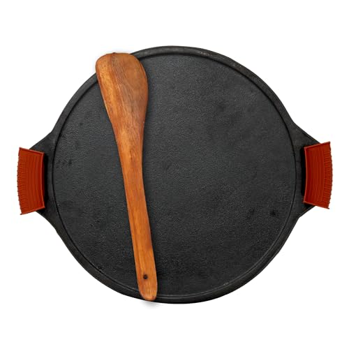 Rock Tawa Dosa Tawa 12 Inch Pre-Seasoned Cast Iron with Free Wooden Spatula and Silicon Grip Cover - Image 1