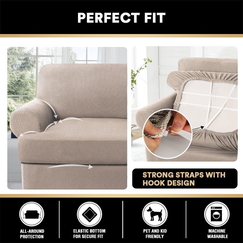 PrinceDeco غطاء أريكة على شكل T 3 قطع لأريكة T Cushion أغطية أريكة ناعمة أغطية أثاث مع 2 غطاء مقعد على شكل T بعرض يصل إلى 88 بوصة، رملي - Image 4