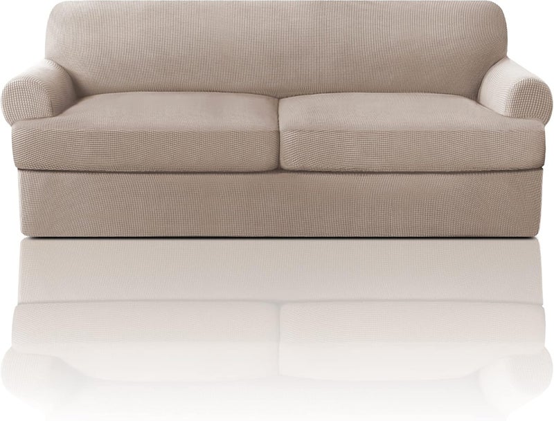PrinceDeco غطاء أريكة على شكل T 3 قطع لأريكة T Cushion أغطية أريكة ناعمة أغطية أثاث مع 2 غطاء مقعد على شكل T بعرض يصل إلى 88 بوصة، رملي - Image 1