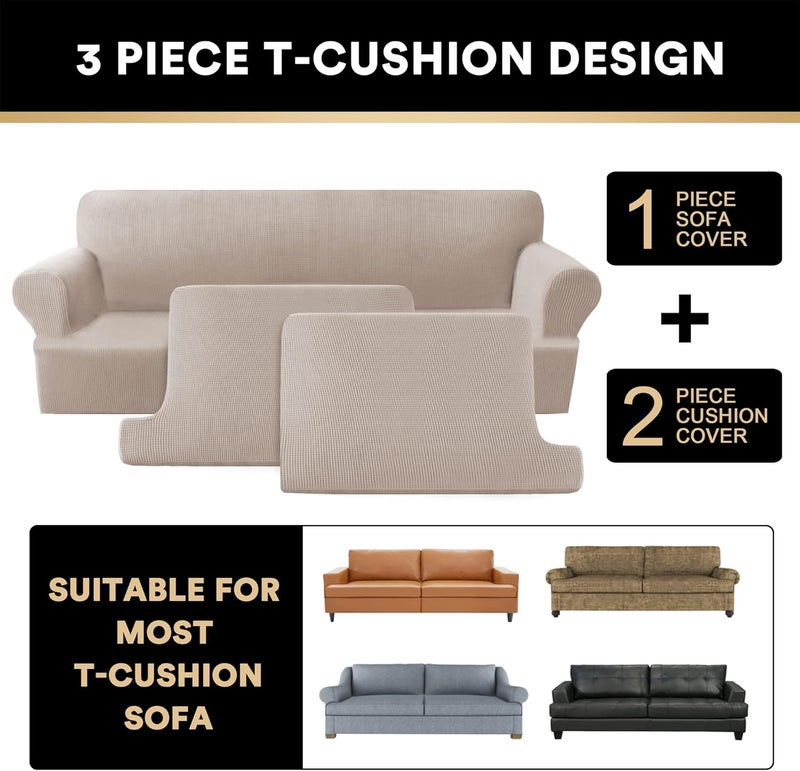 PrinceDeco غطاء أريكة على شكل T 3 قطع لأريكة T Cushion أغطية أريكة ناعمة أغطية أثاث مع 2 غطاء مقعد على شكل T بعرض يصل إلى 88 بوصة، رملي - Image 3
