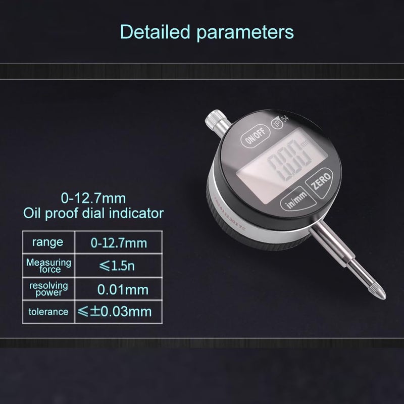 Oudtinx Digital Dial Indicator Electronic Dial Test Gauge 0.01mm/0.0005inch, 0-12.7mm，IP54 Waterproof and Dust Proof - Image 2
