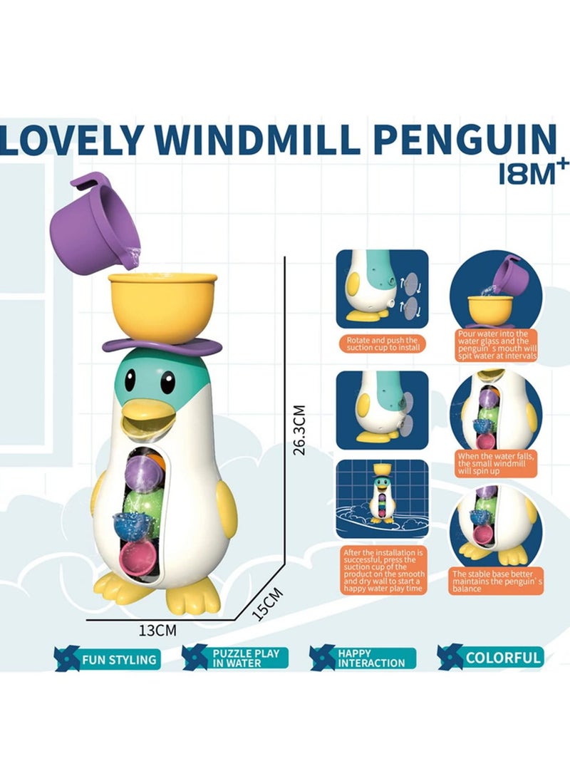 MIXDE - Bathtub Toys for Toddlers Kids 1 2 3 4,Ducky Penguin Waterwheel Bath Toys for Boys Girls Preschool Bath Toy,Bathroom Strong Suckers Water Scoop (Penguin Waterwheel Bath Toys) - Image 1