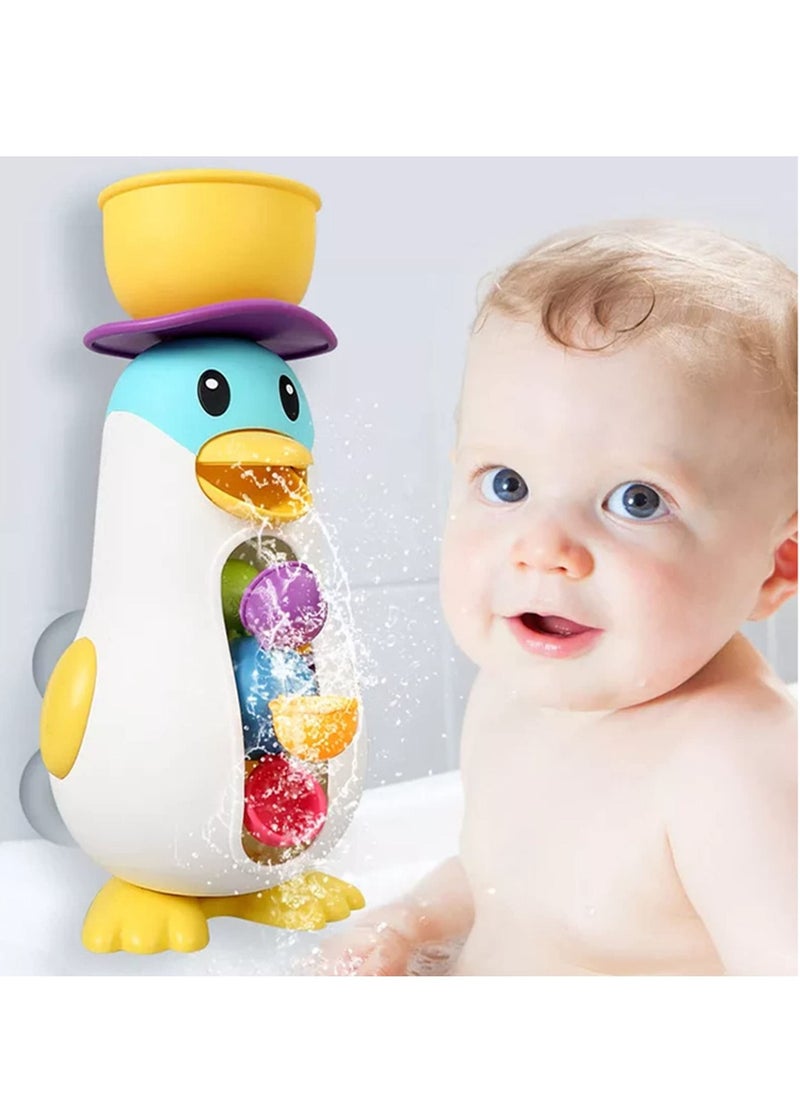 MIXDE - Bathtub Toys for Toddlers Kids 1 2 3 4,Ducky Penguin Waterwheel Bath Toys for Boys Girls Preschool Bath Toy,Bathroom Strong Suckers Water Scoop (Penguin Waterwheel Bath Toys) - Image 1