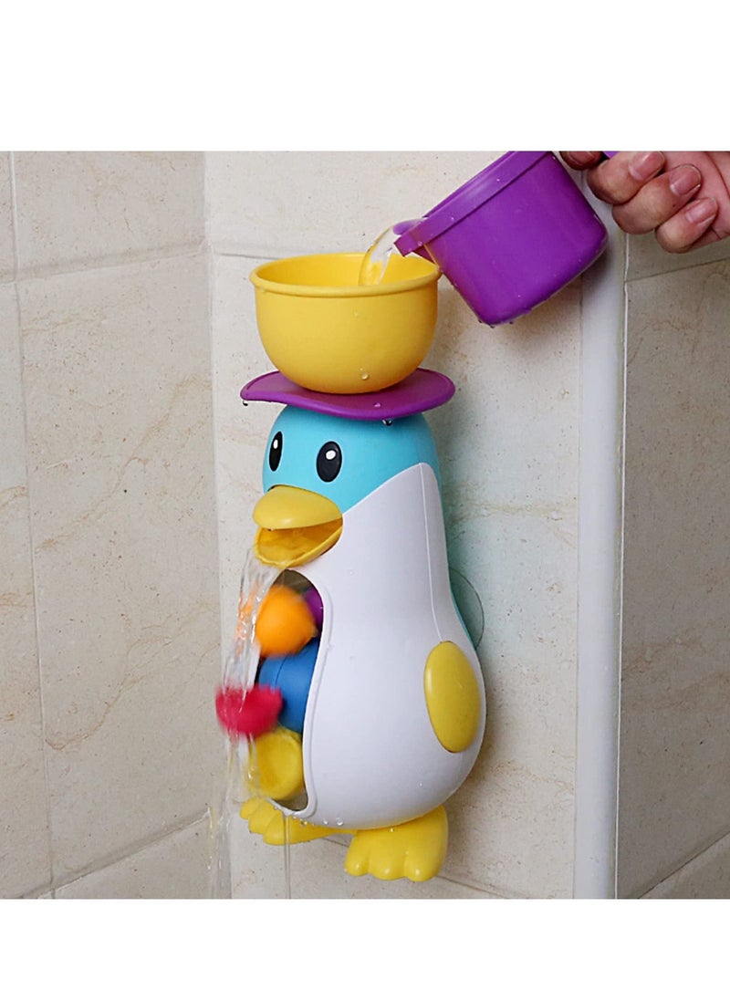 MIXDE - Bathtub Toys for Toddlers Kids 1 2 3 4,Ducky Penguin Waterwheel Bath Toys for Boys Girls Preschool Bath Toy,Bathroom Strong Suckers Water Scoop (Penguin Waterwheel Bath Toys) - Image 1