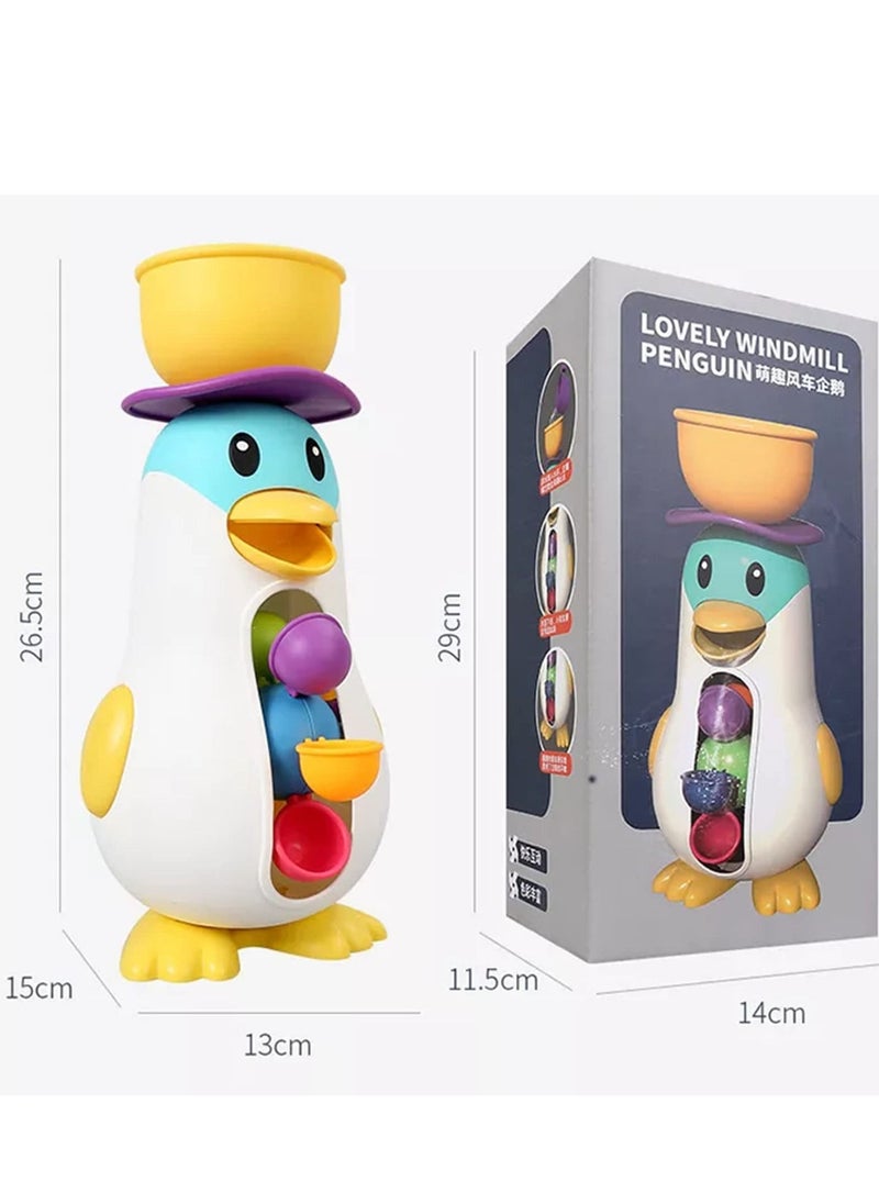 MIXDE - Bathtub Toys for Toddlers Kids 1 2 3 4,Ducky Penguin Waterwheel Bath Toys for Boys Girls Preschool Bath Toy,Bathroom Strong Suckers Water Scoop (Penguin Waterwheel Bath Toys) - Image 1
