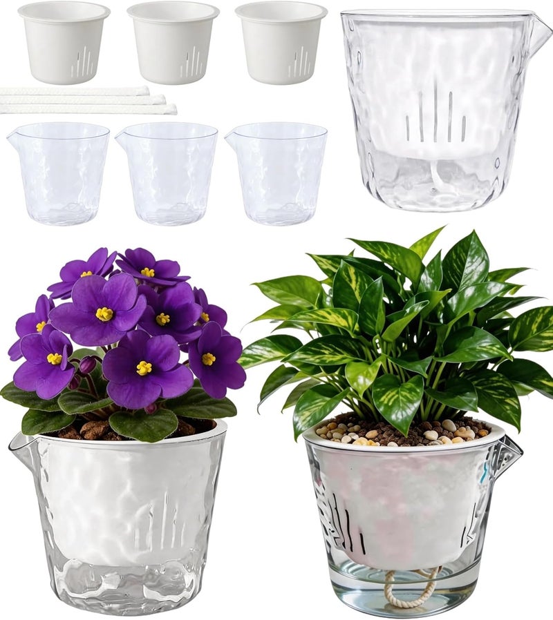 BovcTrraann 3-Pack Self Watering Plant Pots, 5 Inch Clear Flower Pots with Drainage Holes, Tray and Rope, Plastic Self Watering Planters for Indoor Outdoor Garden Plants, African Violet, Herbs - Image 1