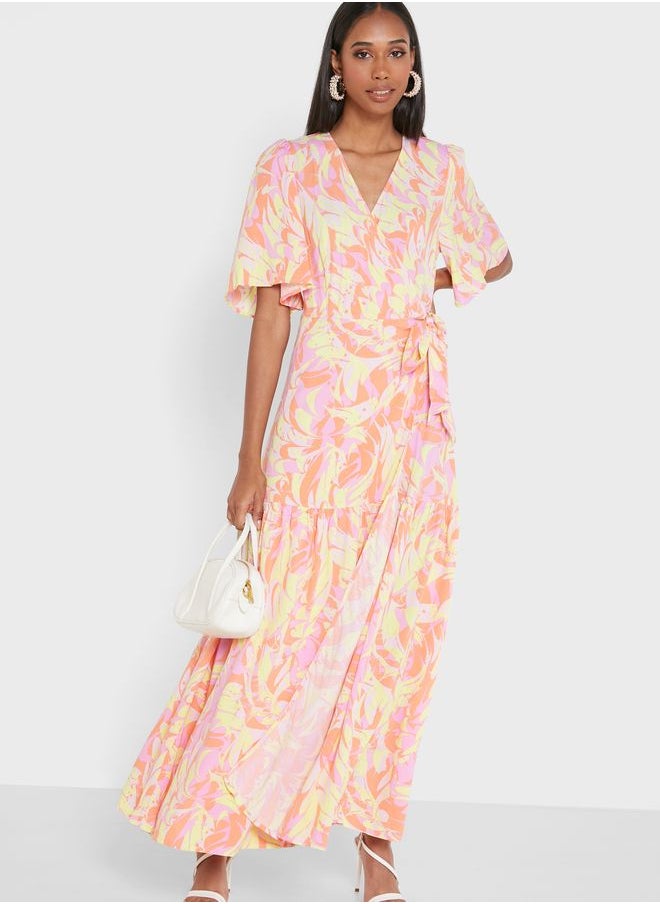 YAS - Tie Detail Printed Pleat Detail Dress - Image 1