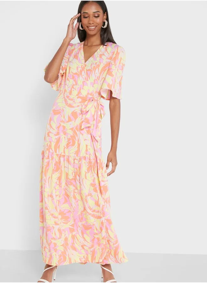 YAS Tie Detail Printed Pleat Detail Dress