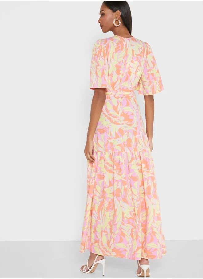 YAS Tie Detail Printed Pleat Detail Dress