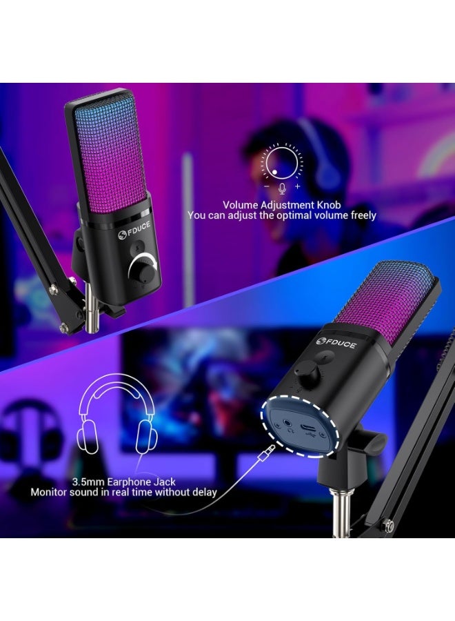 FDUCE ميكروفون ألعاب USB مكثف FDUCE M160+ مع إضاءة RGB، زر كتم الصوت، تحكم في الكسب وذراع تثبيت - Image 3