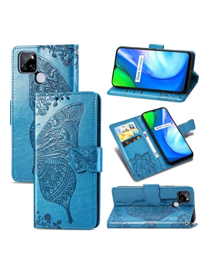 HuHa Case Cover For Realme V3 Butterfly Love Flower Embossed Horizontal Flip Leather Case with Bracket / Card Slot / Wallet / Lanyard Blue 