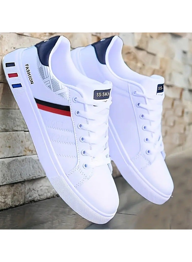 Fashion style Men's Lace-Up Skate Sneakers - White with Blue & Red Stripe Design, Breathable PU Upper, Durable PVC Sole, Comfortable Casual Shoes for Casual Attir  - Image 1