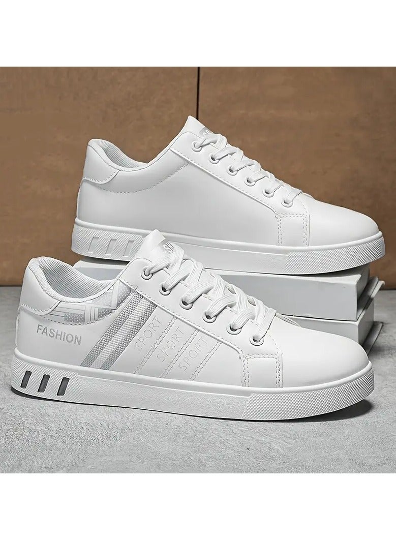 Fashion style Men's Lace-Up Skate Sneakers - White with Blue & Red Stripe Design, Breathable PU Upper, Durable PVC Sole, Comfortable Casual Shoes for Casual Attir  - Image 4