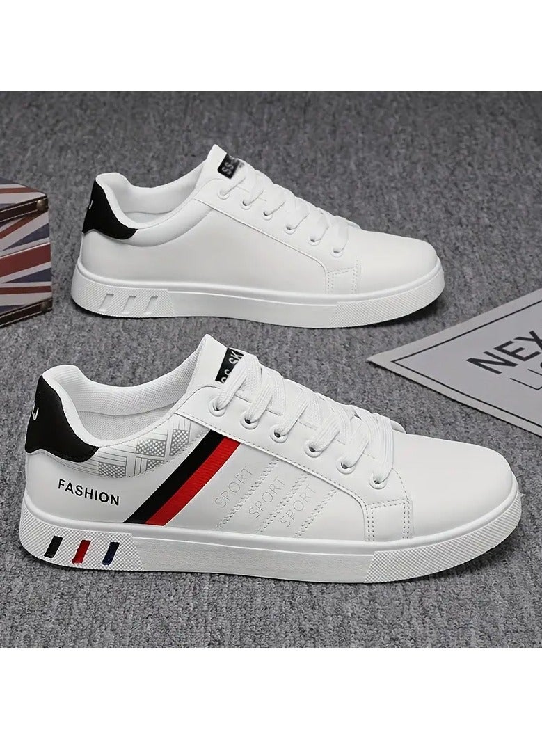 Fashion style Men's Lace-Up Skate Sneakers - White with Blue & Red Stripe Design, Breathable PU Upper, Durable PVC Sole, Comfortable Casual Shoes for Casual Attir  - Image 3