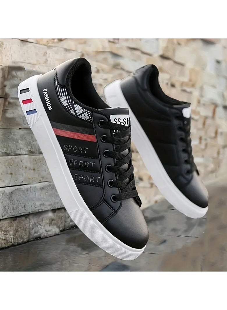 Fashion style Men's Lace-Up Skate Sneakers - White with Blue & Red Stripe Design, Breathable PU Upper, Durable PVC Sole, Comfortable Casual Shoes for Casual Attir  - Image 2