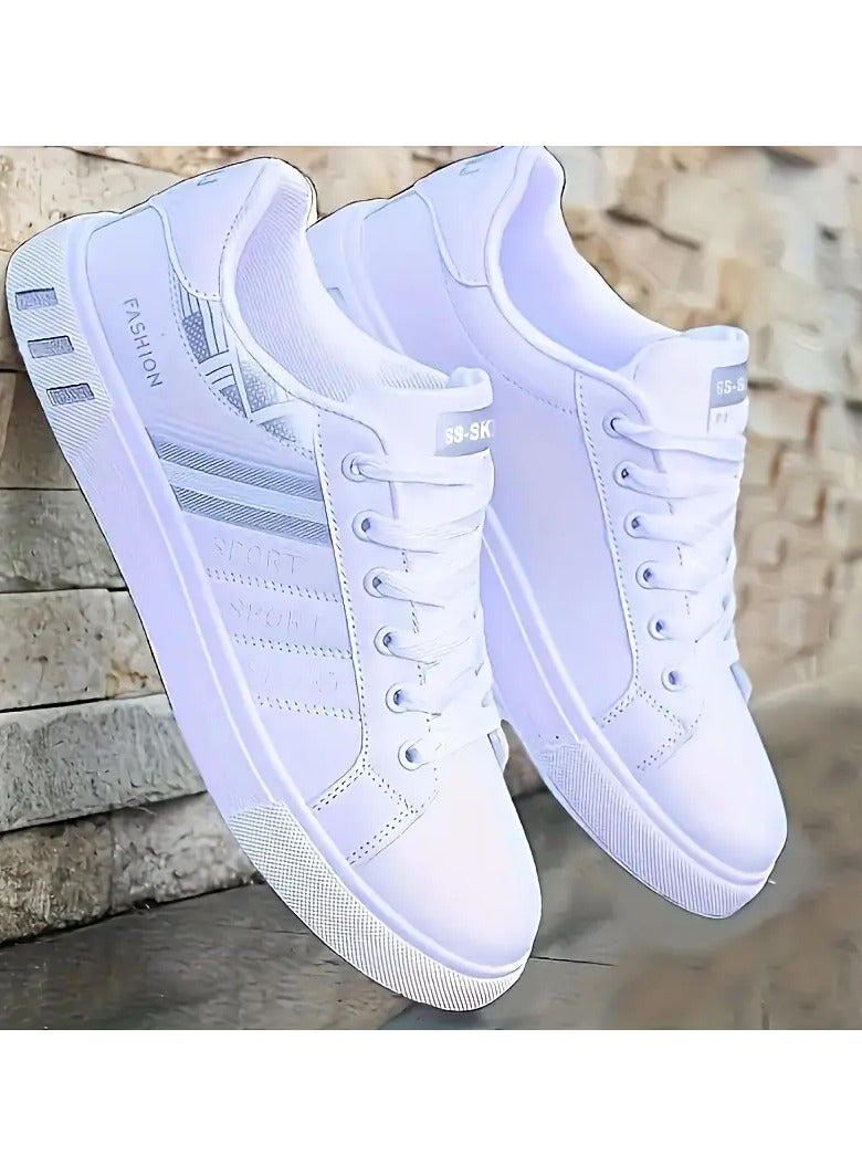 Fashion style Men's Lace-Up Skate Sneakers - White with Blue & Red Stripe Design, Breathable PU Upper, Durable PVC Sole, Comfortable Casual Shoes for Casual Attir  - Image 5