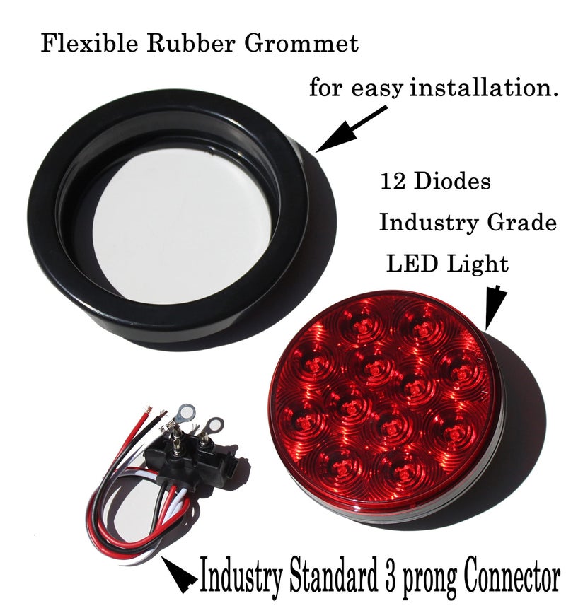 AutoSmart 4" Round LED Stop Turn Tail Light Includes Pair Light Red Lens, Grommet, Plug For Truck Trailer - Image 3