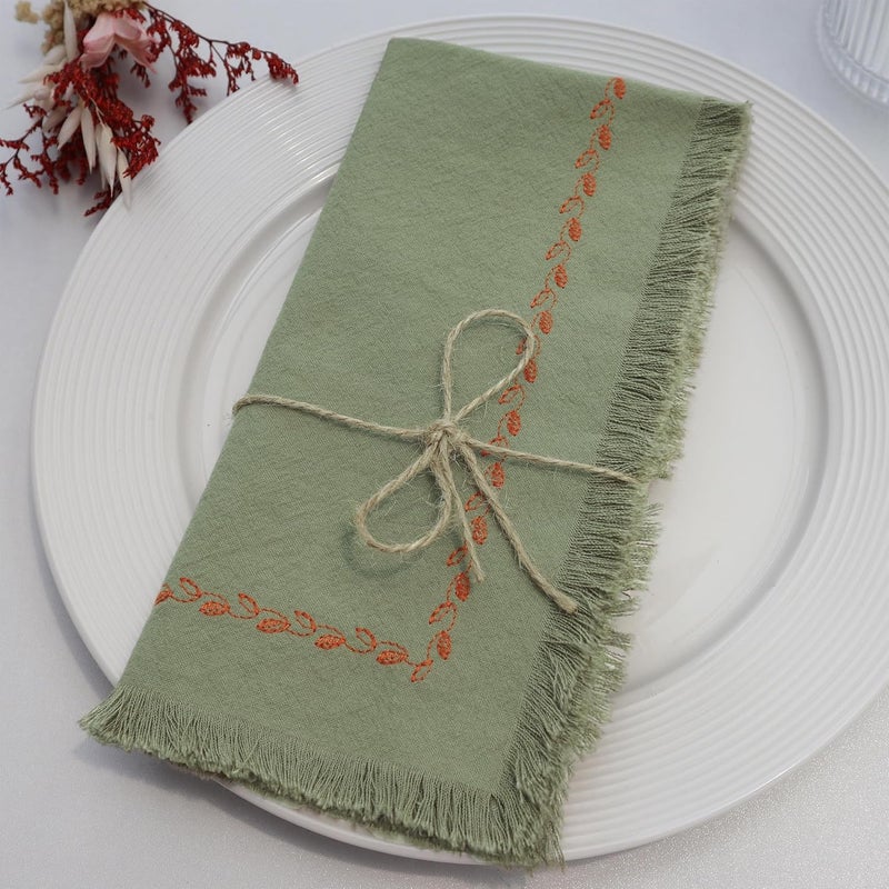 Ayuzawa Embroidered Handmade Cloth NapkinsThickened Cotton Cloth Napkins with FringeKitchen Dining Tabletop Decorationfor Dinners Parties Weddings 18 x 18 Inch Set of 6  Sage Green - Image 2