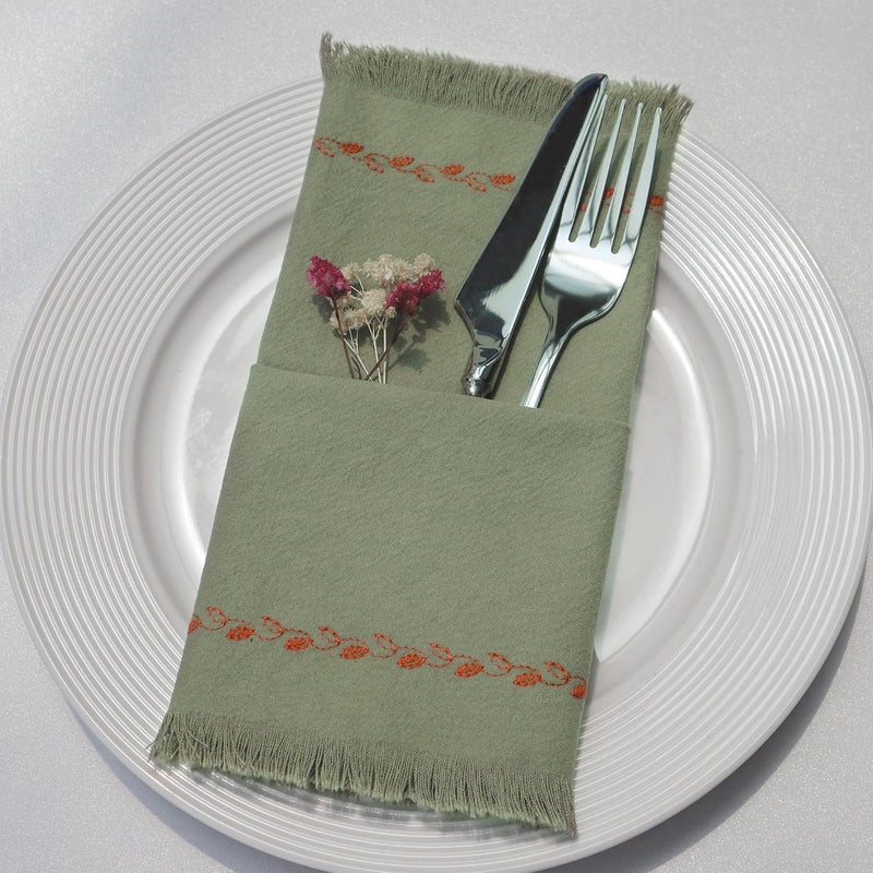 Ayuzawa Embroidered Handmade Cloth NapkinsThickened Cotton Cloth Napkins with FringeKitchen Dining Tabletop Decorationfor Dinners Parties Weddings 18 x 18 Inch Set of 6  Sage Green - Image 3