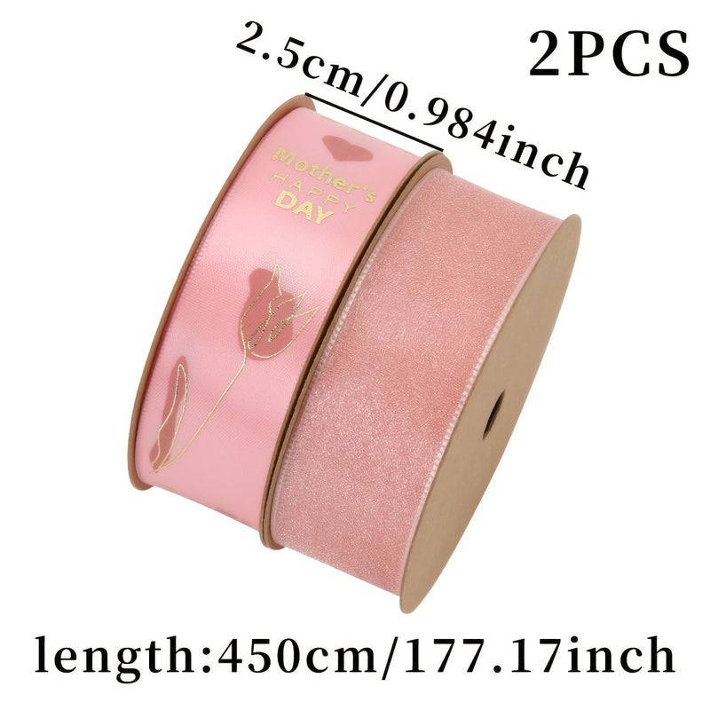 Beige Satin Ribbon 2 Rolls for Mother Day Gift Wrapping Flower Bouquet DIY Bows - Image 3