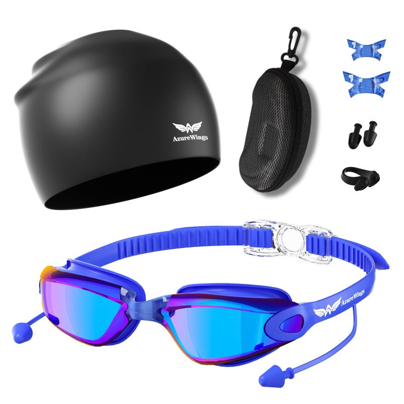AzureWings Swim Goggles + Swim Cap for Men Women,No Leak Anti-Fog & UV, Wide Visio HD Mirror PC Lens (blue) - Image 1