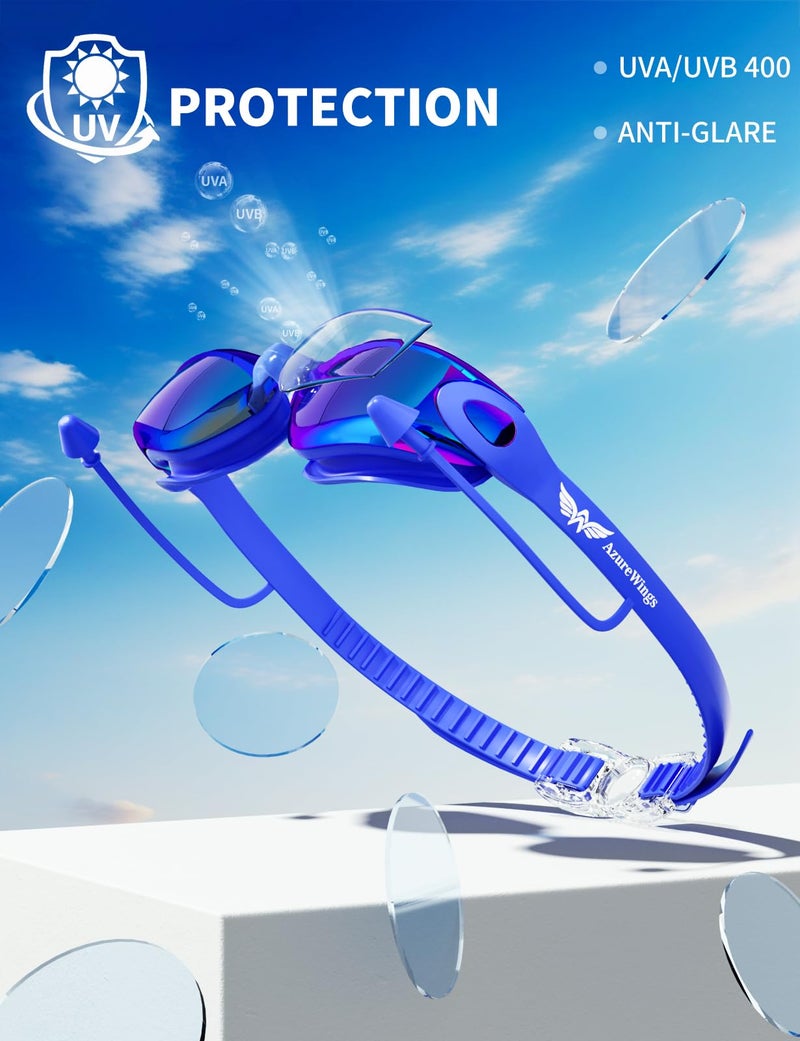 AzureWings Swim Goggles + Swim Cap for Men Women,No Leak Anti-Fog & UV, Wide Visio HD Mirror PC Lens (blue) - Image 4
