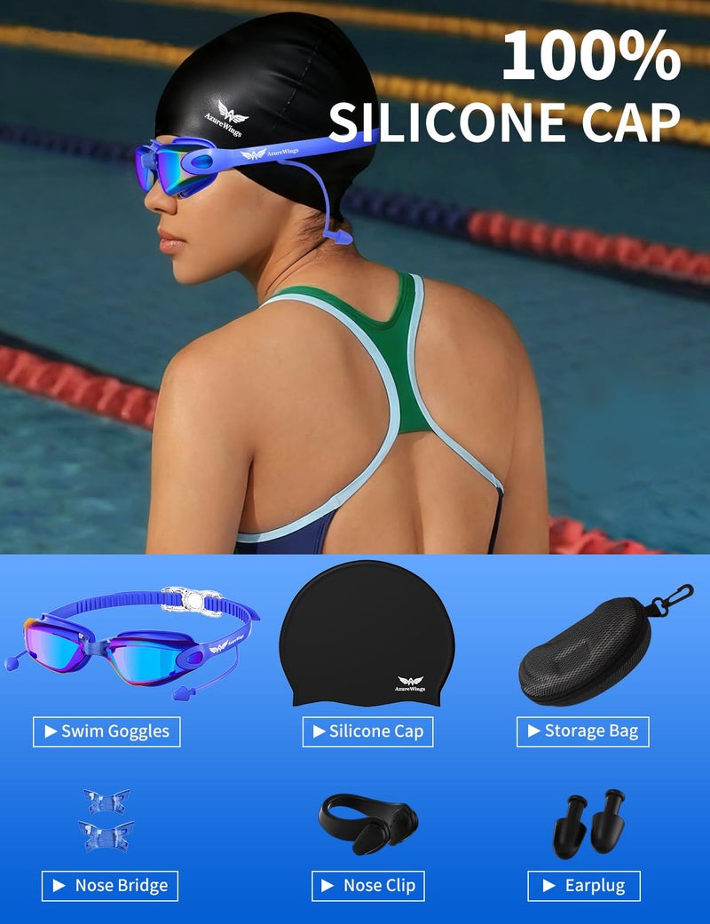 AzureWings Swim Goggles + Swim Cap for Men Women,No Leak Anti-Fog & UV, Wide Visio HD Mirror PC Lens (blue) - Image 3