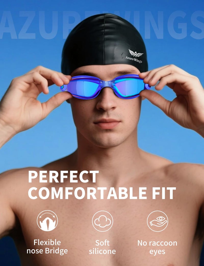 AzureWings Swim Goggles + Swim Cap for Men Women,No Leak Anti-Fog & UV, Wide Visio HD Mirror PC Lens (blue) - Image 2