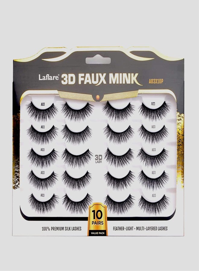 Laflare Premium Silk Lashes 3D Faux Mink Eyelashes Multipack, Light, Natural Looking, Professional Easy to Apply Eyelashes in a Knitted Style 10 Pairs Jumbo Pack (A03X10P) - Image 1