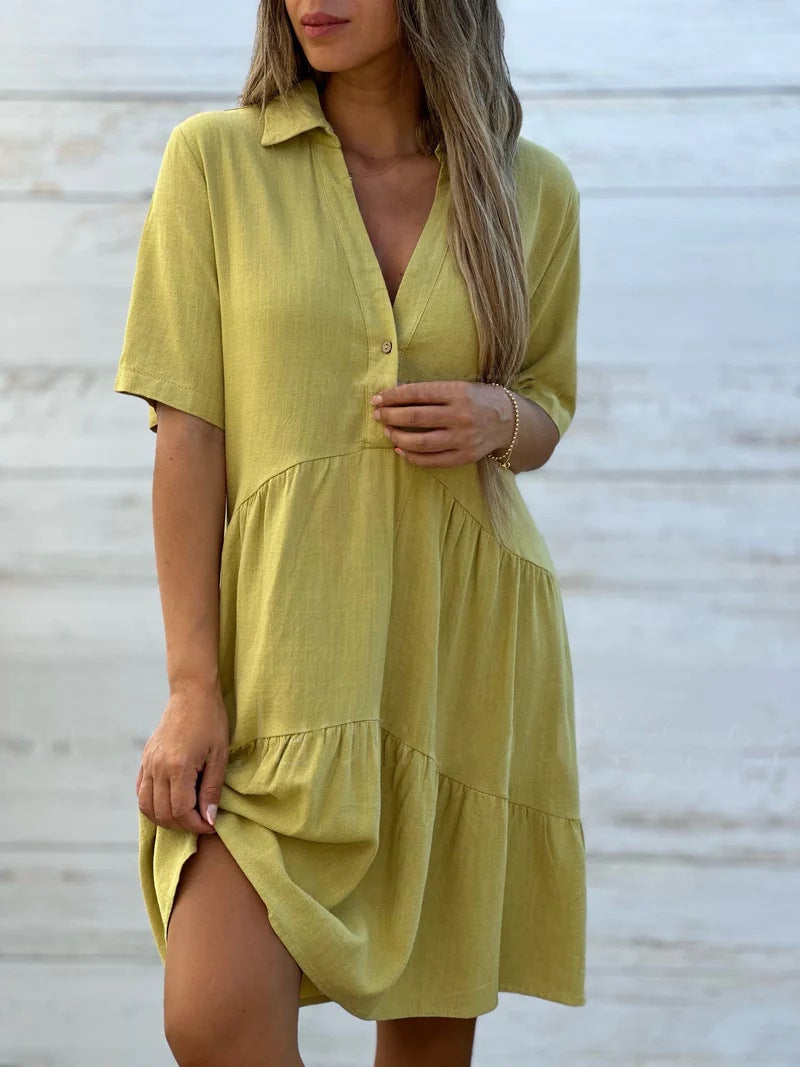 2024 cross-border foreign trade European and American womens clothing Amazon skirt loose solid color lapel casual short sleeve cotton and linen dress White - Image 2