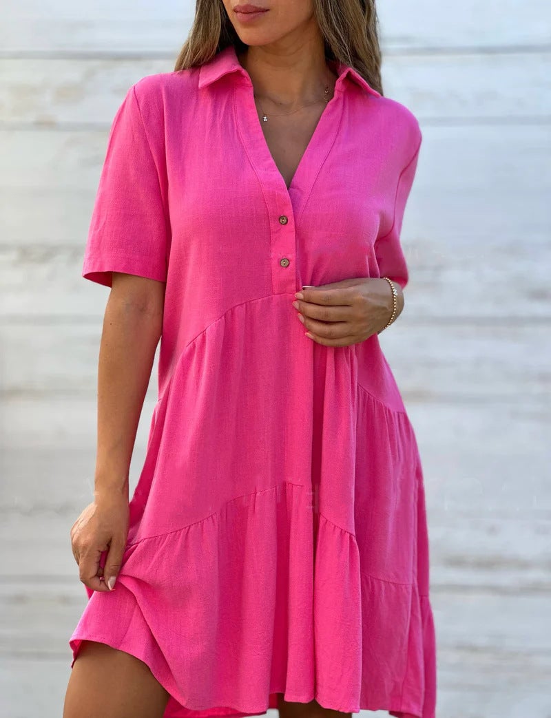 2024 cross-border foreign trade European and American womens clothing Amazon skirt loose solid color lapel casual short sleeve cotton and linen dress White - Image 3