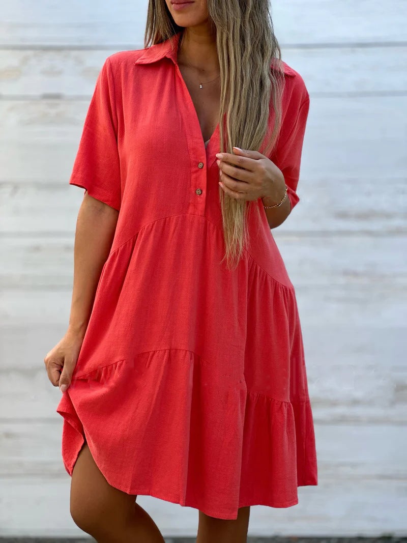 2024 cross-border foreign trade European and American womens clothing Amazon skirt loose solid color lapel casual short sleeve cotton and linen dress White - Image 4