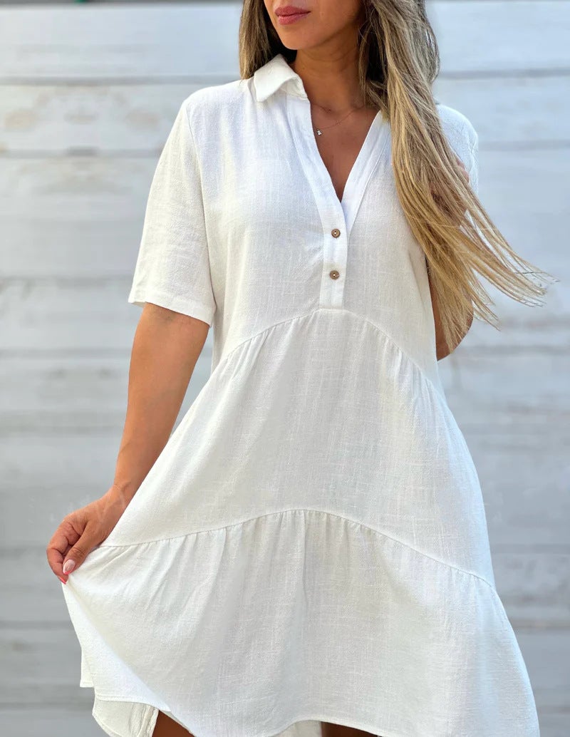 2024 cross-border foreign trade European and American womens clothing Amazon skirt loose solid color lapel casual short sleeve cotton and linen dress White - Image 1