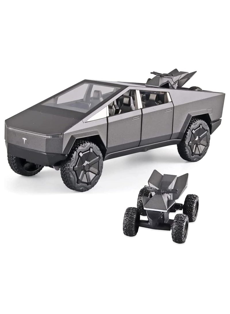 Taizz Ventures 1:24 شاحنة سايبر ترك مصنوعة من المعدن، سيارة نموذجية رمادية داكنة مع ضوء/صوت، وظيفة سحب للخلف، أبواب وغطاء خلفي قابلين للفتح، تشمل ATV، هدية لعشاق وجامعي شاحنات سايبر ترك - أسود