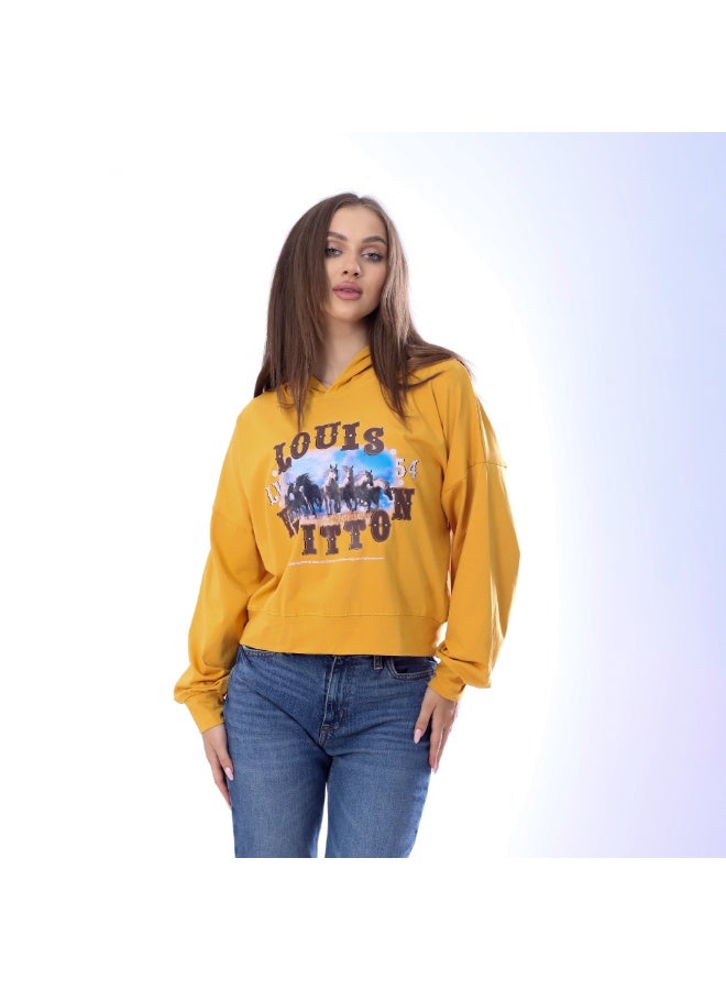 بيبو تيشيرت حريمي مطبوع أكمام طويلة بكابيتشو مقاس حر يناسب من 60 إلى 85 كجم تقريبا_اورنج - Image 1