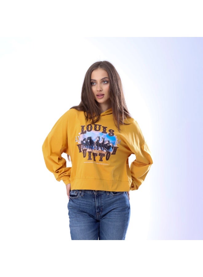 بيبو تيشيرت حريمي مطبوع أكمام طويلة بكابيتشو مقاس حر يناسب من 60 إلى 85 كجم تقريبا_اورنج - Image 2