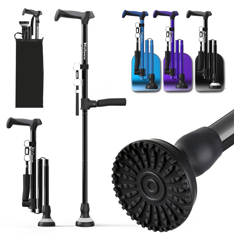 ProTraverse Walking Cane for Men & Women,Foldable,Adjustable,Self Standing Cane with Second Handle,350lbs Heavy Duty,All Terrain,Collapsible Walking Sticks for Seniors & Adults,Black - Image 1
