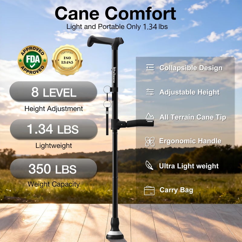 ProTraverse Walking Cane for Men & Women,Foldable,Adjustable,Self Standing Cane with Second Handle,350lbs Heavy Duty,All Terrain,Collapsible Walking Sticks for Seniors & Adults,Black - Image 2