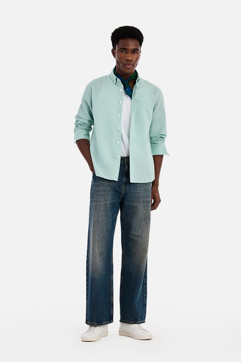 SNITCH Aqua Solid Long Sleeve Regular Fit Casual Shirt