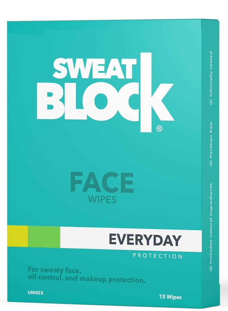 Sweatblock Antiperspirant Face Wipes for Men & Women - Helps Control Oily Skin, Shine & Facial Perspiration - Enhances Makeup Longevity - Clinically Tested - Vitamin E - Box of 15 Travel Size Wipes - Image 1