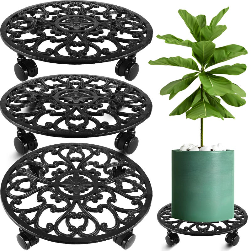 Planterhoma 3 Packs 14 Inch Rolling Plant Stand with Wheels Metal Plant Caddy with Wheels Heavy Duty Round Plant Stand Indoor Iron Plants Rollers for Plants, Plant Dolly - Image 1
