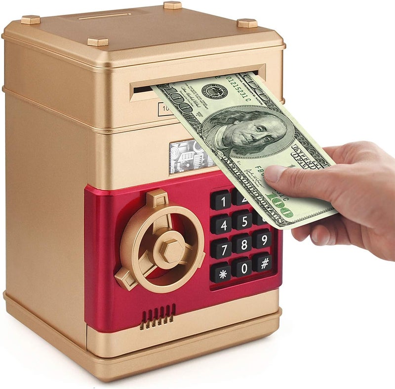 Piggy Bank, Electronic ATM Password Cash Coin Can Auto Scroll Paper Money Saving Box Toy Gift for Kids (Gold) - Image 1