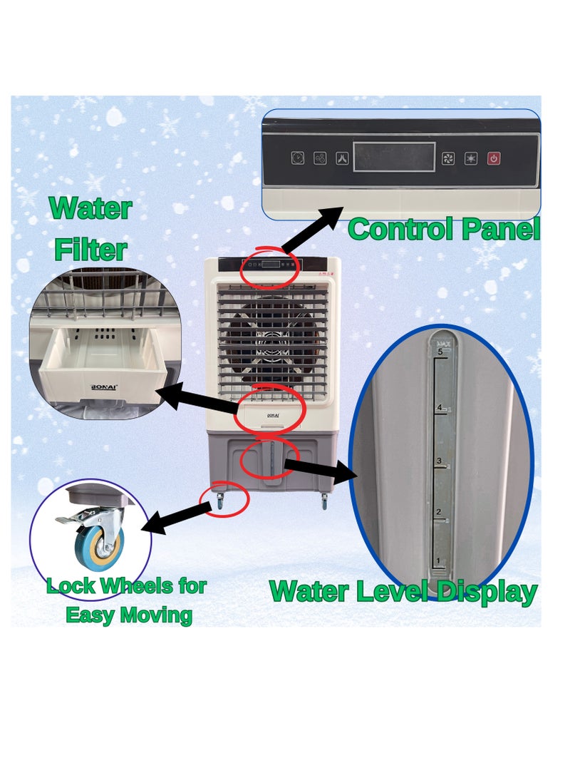 بوناي مبرد هواء محمول تبخيري سعة 120 لترًا لتخزين المياه محرك 550 وات 16000 متر مكعب / ساعة حجم هواء مرتفع 50-1000 منطقة قابلة للتطبيق لتبريد مساحة كبيرة في البيئات الداخلية والخارجية (BN-QB-10) - Image 3
