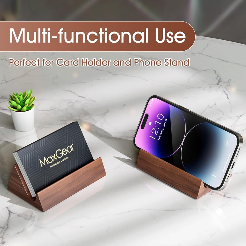MaxGear Walnut Wood Business Card Holder, Wooden Desk Organizer for Storing & Displaying Business Cards, Elegant Mountain Design with Non-Slip Base for Office - Image 2