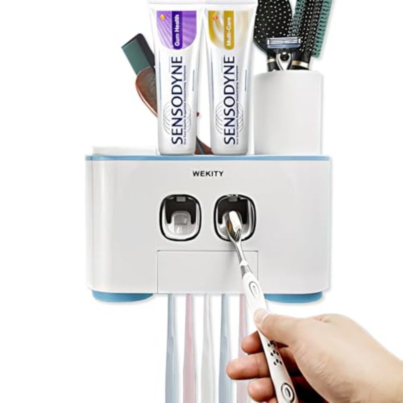 Toothbrush Holder Wall Mounted, Multi-Functional Toothbrush and Toothpaste Dispenser for Bathroom, with 5 Toothbrush Slots, 2 Toothpaste Squeezers and 4 Cups - Image 1